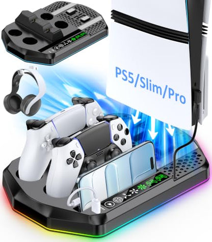 Cooling Station with Controller Charger for PS5/Slim/Pro, PlayStation 5 Vertical Stand for Disc & Digital Console, Dual PS 5 Controller Charging Station with 3 Level Cooling Fan, PS5 Accessory - Black - color: Black