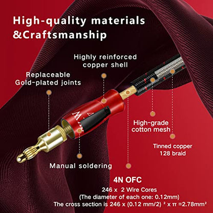 SKW Single Speaker Cable with Convertible Banana and Spade Plugs Entry Level HC Series Cable 8.2ft/2.5M (One Cable) | HC Series, 4N OFC, gold-plated convertible banana and spade plugs, screw-on swappable tips, cotton braided 12.8mm jacket - size: 8.2ft (2