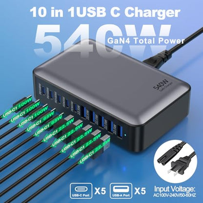 540W USB C Charger Block, 10 Multi-Port USB Charging Station, PD Type C Charger 100W 65W Laptop Fast Charger Compatible with MacBook Pro/Air, USB A Charger for iPad, iPhone, Samsung,
