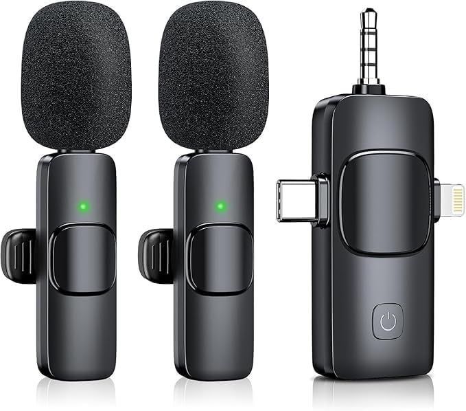 Wireless Lavalier Microphone for iPhone & Android & iPad & Camera - 2 Pack 3 in 1 Mini Microphones with Noise Reduction Lapel Mic for Live Stream Content Creators Podcast