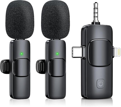 Wireless Lavalier Microphone for iPhone & Android & iPad & Camera - 2 Pack 3 in 1 Mini Microphones with Noise Reduction Lapel Mic for Live Stream Content Creators Podcast