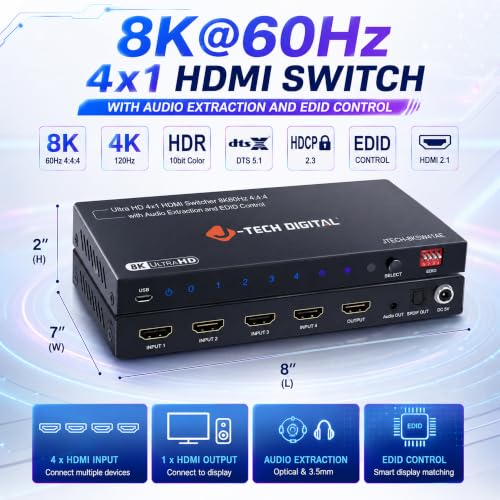 J-Tech Digital 8K HDMI Switch 4 in 1 Out 8K@60Hz 4K@120Hz 1080P@240Hz, HDMI Audio Extraction to Optical & 3.5mm, HDR HDCP 2.3 EDID Control, Compatible with PS5 PS4 Xbox Switch Apple TV Roku Fire TV - style: 4 in 1