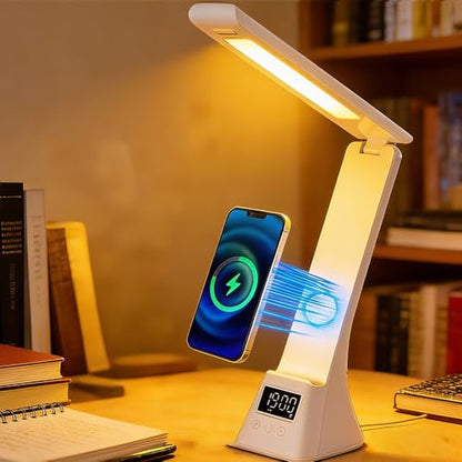 IHAO 3in1 Foldable Eye-Care Desk Lamp with 15W Wireless Charger & Digital Clock Touch Control, 3 Color Temperatures, Alarm, 180° Foldable, Phone Stand, Modern LED Table Lamp TYV-2088 White - color: Table Lamp TYV-2088 White
