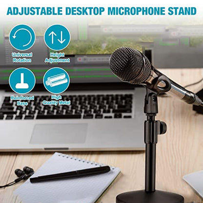 4 Pcs Desktop Mic Stand Adjustable tabletop Mic Stand microphone desk stands with 5/8" Male to 3/8" Female Screw Metal Round Base for Table Desk Interviews, Black