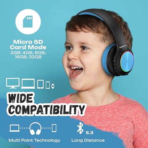 PowerLocus PLED Kids Bluetooth Headphones, Kids Wireless Headphones with LED Lights, 74/85/94dB Safe Volume, Micro SD, AUX Cable, Hi-Fi Stereo, Built-in Mic Over Ear Kid Headphone for Travel/Tablet/PC - color: Black/Blue