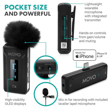 Movo WMX-2-C-DUO Wireless Microphone for iPhone 15/16/17 with Charging Case - Microphone for USB-C Lapel Mic - 7HR Battery Wireless Lavalier Mic for iPhone 15/16/17 and up - style: 2 Transmitters
