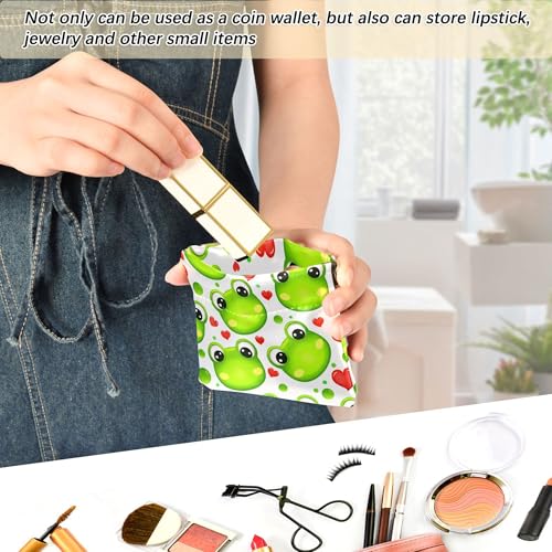 Leather Waterproof Portable No Zipper Purse, Coin Pocket Pouch Change Holder, Small Storage Bag for Men Women Headset Credit Card ID Key Lipstick, (Cute Green Frogs)