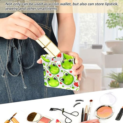 Leather Waterproof Portable No Zipper Purse, Coin Pocket Pouch Change Holder, Small Storage Bag for Men Women Headset Credit Card ID Key Lipstick, (Cute Green Frogs)