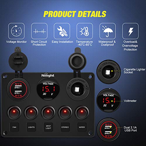 Nilight 5 Gang Multi-Function Rocker Switch Panel On Off SPST Toggle | 12V 12V/20A 24V/10A Dual USB Charger LED Voltmeter Cigarette Lighter for LED Light Bar Rear Rock Lights Trucks RV Boats 4X4 Red - color: Red