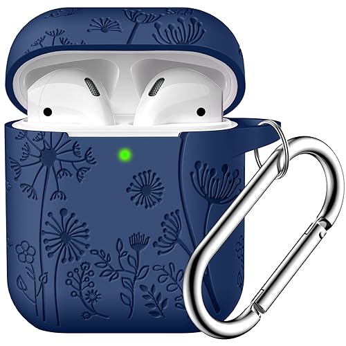 Lerobo for AirPod Case 2nd/1st Generation with Keychain | Flower Engraved Silicone Protective Cover for AirPods 2 Case, Wireless Charging, Led Visible, One-piece Design, Midnight Blue - color: Midnight Blue
