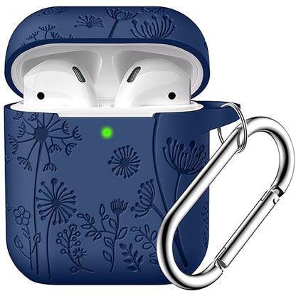 Lerobo for AirPod Case 2nd/1st Generation with Keychain | Flower Engraved Silicone Protective Cover for AirPods 2 Case, Wireless Charging, Led Visible, One-piece Design, Midnight Blue - color: Midnight Blue