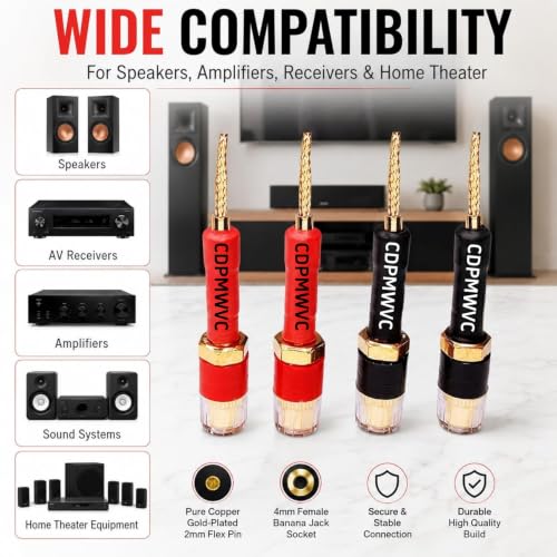 Banana Plug to 4mm Female Adapter 4-Pack, 30A Gold-Plated Spring-Loaded Flex Pin, Color-Coded Red/Black, 6-24AWG for Yamaha Sony Denon Amplifier Receiver Home Theater Speaker Binding Post Wall Plate