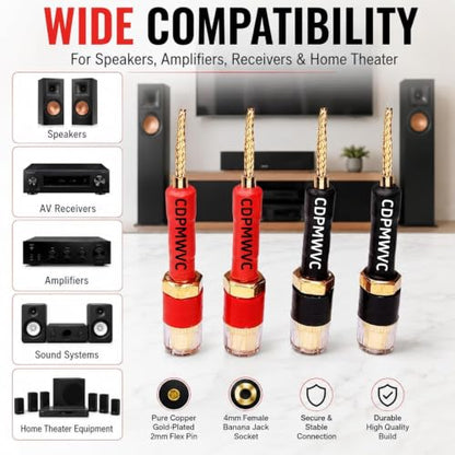 Banana Plug to 4mm Female Adapter 4-Pack, 30A Gold-Plated Spring-Loaded Flex Pin, Color-Coded Red/Black, 6-24AWG for Yamaha Sony Denon Amplifier Receiver Home Theater Speaker Binding Post Wall Plate
