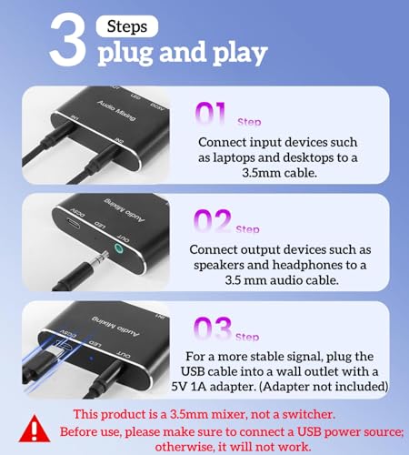 2 Channel Stereo Audio Mixer,2 In 1 Out Mini Stereo Sound Mixer,Metal Shell,AUX Interface for PC,Phone,Laptop,Headphones,Speakers-Includes 3.3FT 1/8 Audio Cable