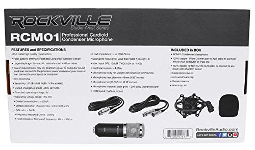 Rockville RCM01 Podcast Condenser Mic with RockPop Curve, RDMS70 Boom Stand | 25mm Cardioid, 30Hz-20kHz, 48V Phantom Power, XLR/3.5mm Cables, Shock Mount, Steel Round Desktop Base, Streaming, 3-Items