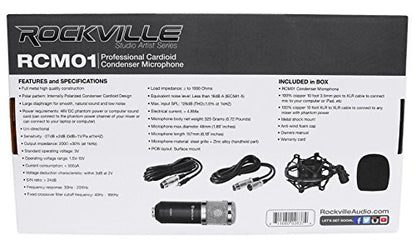 Rockville RCM01 Podcast Condenser Mic with RockPop Curve, RDMS70 Boom Stand | 25mm Cardioid, 30Hz-20kHz, 48V Phantom Power, XLR/3.5mm Cables, Shock Mount, Steel Round Desktop Base, Streaming, 3-Items
