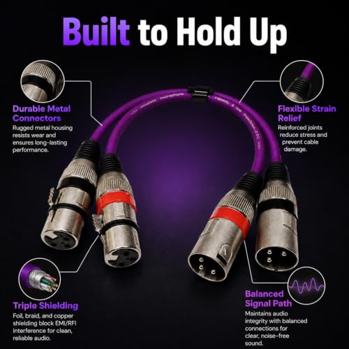 XLR Cable 1ft 2-Pack, Male to Female 3-Pin Balanced Patch Cable, OFC Triple-Shielded Zinc Alloy Mic Cord for Studio, for Shure, for Audio-Technica