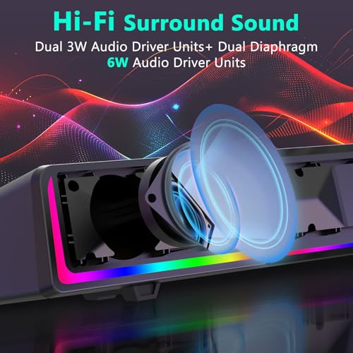 Redragon Computer Speaker, Bluetooth/USB Wired Dual Connection Soundbar | Clear Stereo Sound with Audio-Light Sync RGB Backlit, Volume Knob, USB Powered for PC/TV/Tablet, Black