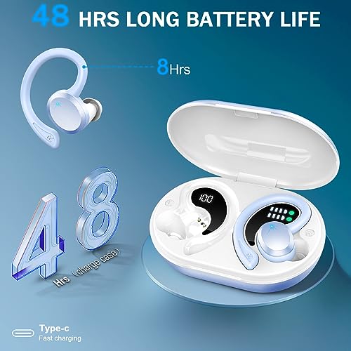 Wireless Earbuds Sport, 2025 Bluetooth 5.3 Headphones Bass Hi-Fi Stereo Over Ear Buds, 48Hrs Noise Cancelling Headset with Earhook, IP7 Waterproof Earphones Workout Running for Laptop Pad Android iOS - color: L-Blue