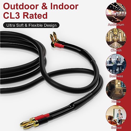 HiFind Speaker Cable Wire 8 Ft/2 Pack with Gold-Plated 90 Degree Angled to Straight Banana Tip Plugs-UL CL3 Rated-Indoor&Outdoor-16 AWG Tinned Copper for Bi-Wire Bi-Amp HiFi Sound - size: 8FT-2Pack