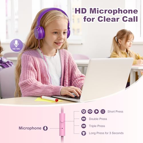 Kids Headphones for School with Microphone, 93dB Volume Limited, PinkPurple | Wired On Ear Headphones for Girls Boys, Foldable Lightweight Headphone for Classroom Learning & Entertainment Travel Computer - color: Pink Purple