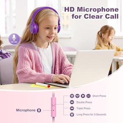 Kids Headphones for School with Microphone, 93dB Volume Limited, PinkPurple | Wired On Ear Headphones for Girls Boys, Foldable Lightweight Headphone for Classroom Learning & Entertainment Travel Computer - color: Pink Purple