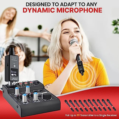 Pyle Multifunctional UHF Wireless XLR Adapter System,Transmitter And Receiver For Dynamic Microphones And Music Sources,48k Frequency Signal Transmission,USB Recharge Capable,90 Feet Range,Dark Gray