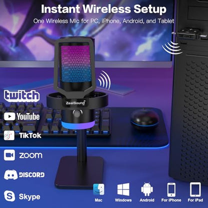 ZealSound Wireless Microphone for PC Mac iPhone iPad & Android, USB Mic with Noise Reduction, Tap Mute and Volume Control, RGB Light and Real-Time Monitoring, for Podcasting Streaming Gaming & TikTok - color: RGB