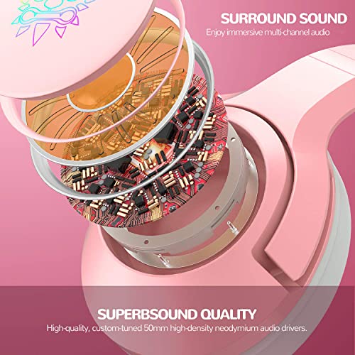 PHNIXGAM Pink Girl Gaming Headset for PS4, PS5, Wired Over-Ear Headphones with Detachable Cat Ears, Noise Cancelling Microphone, RGB Backlight, Surround Sound for PC