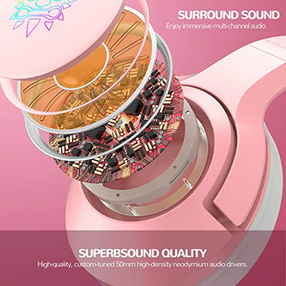 PHNIXGAM Pink Girl Gaming Headset for PS4, PS5, Wired Over-Ear Headphones with Detachable Cat Ears, Noise Cancelling Microphone, RGB Backlight, Surround Sound for PC