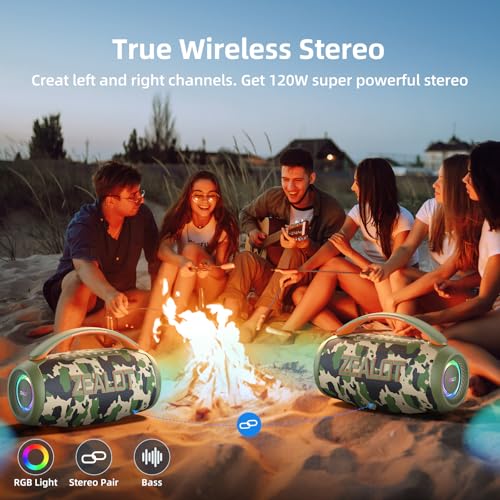 ZEALOT Portable Bluetooth Speaker, 80W Peak Waterproof Loud Booming Sound Speakers, Dual Pairing, XBass, 20H Playtime, Outdoor Speaker with Handle for Camping, Beach, Party, Backyard (CAMO)
