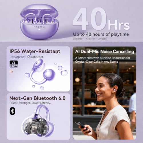 Kinglucky Upgraded Clip-On Earbuds, Open Ear Wireless Earbuds Bluetooth 6.0 - color: Purple