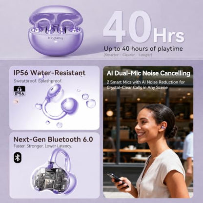 Kinglucky Upgraded Clip-On Earbuds, Open Ear Wireless Earbuds Bluetooth 6.0 - color: Purple