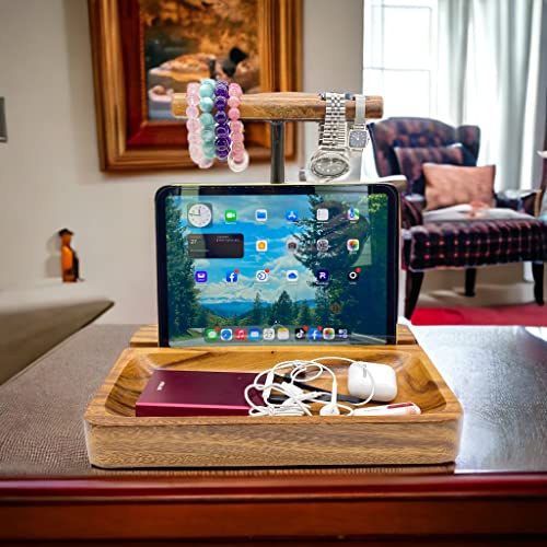 Dual Headphone Stand, Acacia Wood Holder for 2 Headsets, Phone & Tablet | Solid 1.5 in thick acacia wood dual headphone holder & device slot stand with tray for phone & tablet, office desk organizer - style: Dual Headphone Stand