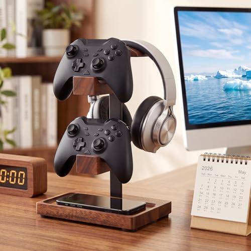 Headphone Stand with Controller Holder, Deep Walnut - color: Deep Walnut