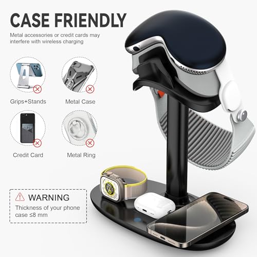 Airpod Max Charger Stand with 15w Wireless Charger, Suguder 4 in 1 Headset Holder for Apple Accessories Charging with AirPods Max/Pro/iWatch/iPhone/Vision Pro, Headphones Stand for Desk Organizer