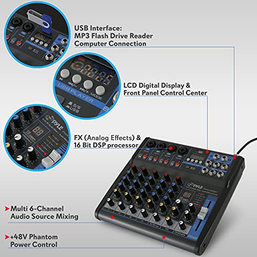 Pyle Professional 6 Channel Audio Mixer with Bluetooth - DJ Sound Board - USB Computer Input - Built-in MP3 Player - 48V Phantom Power - 3 Band EQ - 16-Bit DSP FX - Band, Studio Ready - PMXU63BT - size: 6