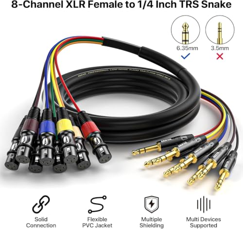 EBXYA 8 Channel 1/4 Inch TRS to XLR Snake Cables,Recording Snake Cable | 6.35mm Jack Stereo Audio Balanced Line to XLR Female Cables,15 Feet 1 Pack - size: 8-Channel 15 Feet, style: TRS to XLR Female