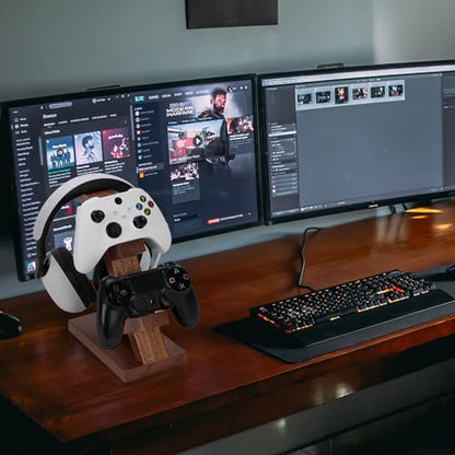 GEEKRIA Solid Wood Dual Gamepad and Headphone Stand, Controller Storage Holder for PS4, PS5, Xbox, Switch, 8BitDo, Universal Desk Game Accessories - color: Brown