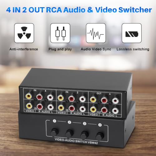 4 in 2 Out 4-Way RCA Switch Composite AV Selector Switcher Box | Plug & Play 4x2 RCA Video Audio AV Switcher for PS2 PS3 Wii Xbox HDTV DVD Game Consoles - size: 4 IN 2 OUT