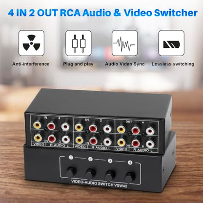 4 in 2 Out 4-Way RCA Switch Composite AV Selector Switcher Box | Plug & Play 4x2 RCA Video Audio AV Switcher for PS2 PS3 Wii Xbox HDTV DVD Game Consoles - size: 4 IN 2 OUT