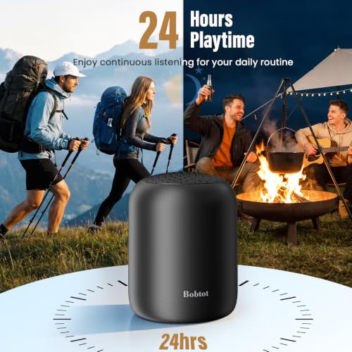 Bobtot Small Portable Bluetooth Speaker, 24H Playtime, TWS Pairing, Black | Wireless Waterproof Speaker with Loud Stereo Sound, Hands-Free Calling, Carrying Lanyard for Outdoor,Shower,Camping,Travel