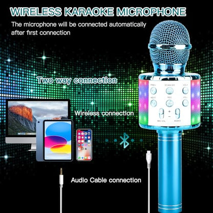 ShinePick Karaoke Microphone, 4 in 1 Wireless Microphone with LED Lights Handheld Portable Karaoke Machine, Home KTV Player, Compatible with Android & iOS Devices(Blue) - color: blue