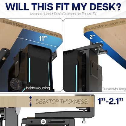 VIVO Adjustable Clamp-On Desk 3.5” to 7.8” Wide Office PC Mount, Computer Case CPU Holder with Swivel Action and Secure Locking, Black, MOUNT-PCC1S