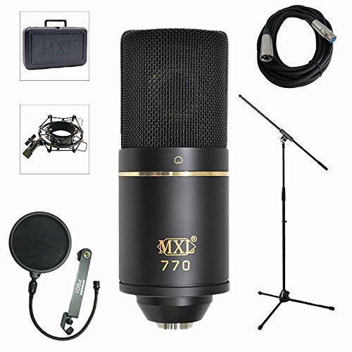 MXL 770 Professional Studio Condenser Mic + Mic Stand + Pop Filter + XLR Cable Bundle
