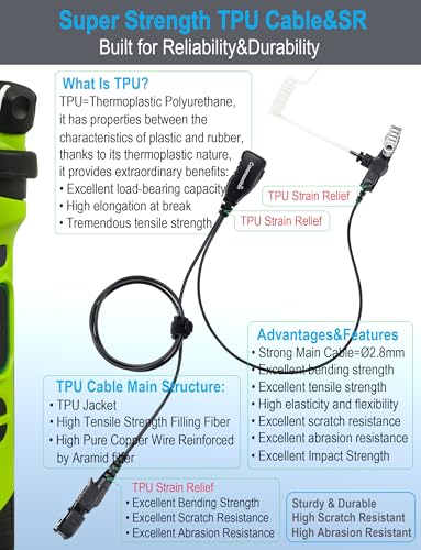 commountain Earpiece for Motorola Radios R5, XPR 3500e, XPR 3300e | Acoustic Tube Surveillance Headset, Noise Reducing PTT Mic, Reinforced Cable - size: For users below 6 feet tall