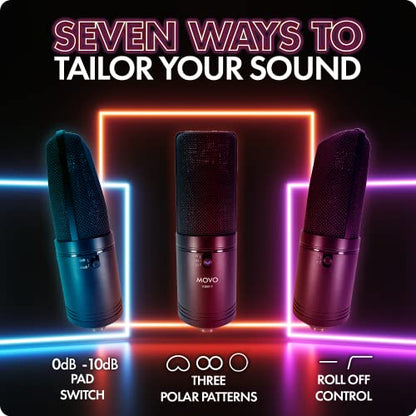 Movo VSM-7 Large Diaphragm, Multi-Pattern Studio Condenser Microphone with Shock Mount, Pop Filter, and XLR Cable - Studio Microphone for Music, Vocals, Podcasting, Gaming, Streaming and More