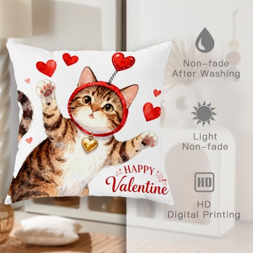 Cat Throw Pillow Covers Set of 2, Playful Fanciful Hearts Red Headband Valentine Red with Hidden Zipper Pattern Pillow Covers for Home Bedroom Living Room Sofa Couch Decor 22x22 Inch - size: 22" x 22" (Pack of 2)