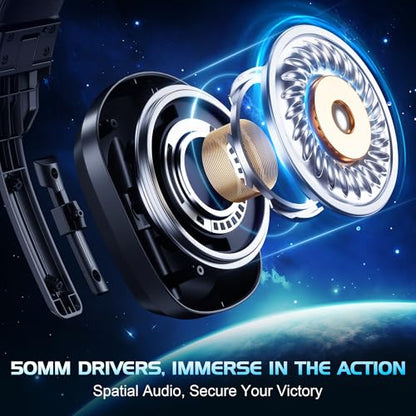 Vakedy Wired Gaming Headset for Xbox,PS5,PS4,PC,Switch, RGB 50mm Drivers | Foldable lightweight frame, plush memory foam cushions, clear chat, quick mute/volume wheel and USB-powered RGB glow - color: Phantom Black