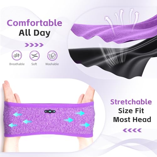 Sleep Headphones Bluetooth 6.0 Wireless Headband for Side Sleepers (Purple) | 200mah cell for 20hr playback, 3mm ultra-thin speaker & mic, HD stereo, removable & washable, 2-in-1 sport & sleep headband - color: Purple